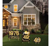 3pcs Happy 49th Birthday Yard Sign Stakes, Golden Glittery Indoor Outdoor Decorations for Men and Women, Durable Plastic Party Decor with Balloons & Confetti Design, Garden Lawn Decorations