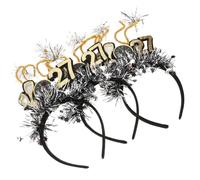 3pcs Happy New Year Headband Black Gold Sequin for Women | Photo Props, Preformed Curve Fit, Lightweight Plastic Wire Felt Pet, Carnival Costume Events and New Year's Eve Party