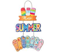 3Pcs Hello Summer Hanging Door Sign Decor Beach Welcome Sign Plaque Wooden Summer Home Decor Ice Cream Slippers Beach Hanging Decor With Ropes for Farmhouse Wall Beach Theme Indoor Outdoor Garden Yard