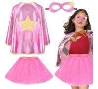 3Pcs Heroes Dress-up Costumes Set for Kids, Pink Hero Capes with Mask Tutu Skirt for Girls Princess Costumes Halloween Christmas Cosplay