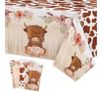 3Pcs Highland Cow Party Tablecloths, Brown Highland Cattle Birthday Table Cover, Brown Cow Print Themed Party Decorations Plastic Disposable Rectangular Table Cloth Decor for Kids Birthday Baby Shower