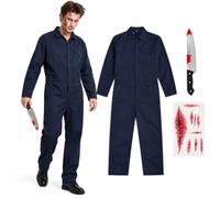 3Pcs Horror Killer Costume Adult Navy Blue Jumpsuit with Accessories | One-piece workwear look, front zipper, pockets, blade prop and scar stickers for Halloween Carnival cosplay fancy dress