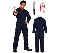 3Pcs Horror Killer Costume Adult Navy Blue Jumpsuit with Accessories | One-piece workwear look, front zipper, pockets, blade prop and scar stickers for Halloween Carnival cosplay fancy dress