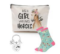 3Pcs Horse Themed Thank You Gift Set, Makeup Bag Keychain Horse Socks Inspirational Christmas Birthday Gift for Women Suitable for Staff Teachers Nurses Animal Lovers