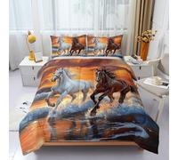 3pcs Horses Sunset Ocean Duvet Set, Equestrian Bedding Set for Girls and Adults, Bedroom or Room Decor, All Seasons Comforter Microfiber Quilt with 2 Pillowcases for Gifts(Double 200 * 256cm)