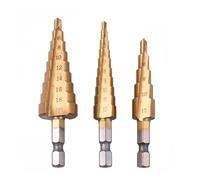 3pcs HSS Metric 1/4inch Hex Shank Titanium Coated Step Drill Bit Cutting Tool Metal Laque Sharpener Set Cone