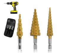 3Pcs HSS Spiral Step Drill Bit, High Speed Steel Step Drill Bits Set for Metal, Cone Cutter for Wood Stainless Steel Iron Plate Metal Plastic Aluminum PVC Board Sheet (4-20mm, 4-12mm, 3-12mm)