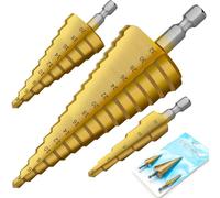 3Pcs HSS Step Drill Bits Set, 4-12mm, 4-20mm, 4-32mm Cone Cutter Step Bits | 2-Flute Straight Grooved, 1/4" Hex Shank, Cone Drill Bit Hole Cutters for Wood Plastic, Sheet Metal Steel Drilling Chamfering