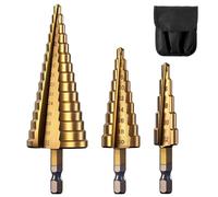 3Pcs HSS Titanium Coated Step Drill Bit Set, 1/4" Hex Shank Quick Change High Speed Steel Cone Drill Bit Kit for Plastic, Wood, Metal Sheet, Aluminum Hole Drilling (Metric 4-12mm/4-20mm/4-32mm)