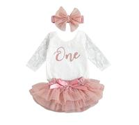 3Pcs Infant Baby Girl Birthday Outfits Short/Long Sleeve Romper Bodysuit and Bow Tiered Puffy Hem A-Line Tutu Skirt Tulle Baptism Party Princess Dress with Headband (Pink Lace, 12-18 Months)