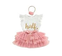 3Pcs Infant Baby Girl Birthday Outfits Short/Long Sleeve Romper Bodysuit and Bow Tiered Puffy Hem A-Line Tutu Skirt Tulle Baptism Party Princess Dress with Headband (Pink White, 3-6 Months)