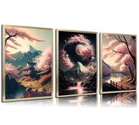3Pcs Japanese Canvas Wall Art Cherry Blossom Lake Landscape Posters Prints Japan Mount Fuji Wall Decor Pictures for Living Room Bedroom Home Decoration Unframed