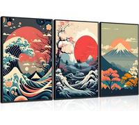 3Pcs Japanese Wall Art Asian Nature Landscape Posters Pictures Kanagawa Giant Wave Canvas Prints Mount Japanese Fuji Art Paintings Cherry Blossom Lake Wall Decor for Living Room Bedroom Office