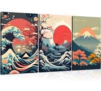 3Pcs Japanese Wall Art Asian Nature Landscape Posters Pictures Kanagawa Giant Wave Canvas Prints Mount Japanese Fuji Art Paintings Cherry Blossom Lake Wall Decor for Living Room Bedroom Office Framed