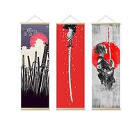 3PCS Japanese Wall Sword Decor, Wall Art, Home Decor for Bedroom, Samurai Armor Warrior Canvas Decorations With Scroll Wood Framed, Sushi Restaurant Decor, 11'' x35''