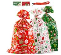 3pcs Jumbo Extra Large Oversized Plastic Present Bags - 36 x 56 inch Red Green Snowman Peppermint Storage Bags for Christmas Presents with Drawstring