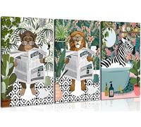 3Pcs Jungle Animal Bathroom Canvas Wall Art Zebra in Bathtub Pictures Lion Monkey on Toilet Reading Newspaper Paintings Funny Forest Animal Posters Prints for Restroom Wall Decor Framed