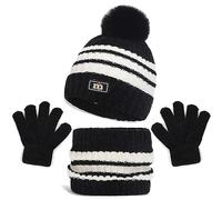 3Pcs Kids Hat Scarf Gloves Set, Pom Fleece Lined Stripe Beanie Hat, Stripe Knit Thermal Neck Warmer and Gloves Sets for Age 2-8, Winter Children Warm Accessories Sets for Outdoor (Black)