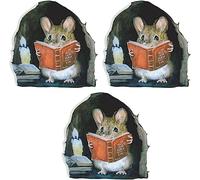 3pcs Kids Mouse Wall Stickers Decals Water-proof PVC Peel and Stick Removable 3D Mouse Reading Book Wall Decals for Boys Girls Nursery Bedroom Living Room Home Wall Art murals Decorations