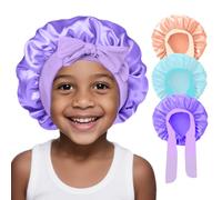3Pcs Kids Silk Satin Bonnet for Sleeping - Baby Hair Sleep Bonnet,Kids Bonnets for Girls Toddler Child with Wide Elastic Tie Band,Sleep Cap Night Hair Hats for Curly Natural Hair(Purple+Blue+Gold)