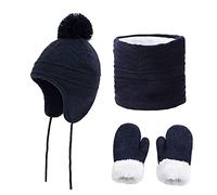 3pcs Kids Winter Earflaps Hat Scarf Gloves Set Toddler Winter Thick Knitted Beanies Neck Warmer Gloves Set Warm Baby Beanie with Cute Pom Pom for Boys and Girls