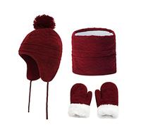 3pcs Kids Winter Earflaps Hat Scarf Gloves Set Toddler Winter Thick Knitted Beanies Neck Warmer Gloves Set Warm Baby Beanie with Cute Pom Pom for Boys and Girls