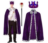 3PCS King Robe Crown Queen Robe Royal Cape Costume, Carnival King Velvet Robe Outfit for Party Cosplay Dress Up (Adult, Blue)
