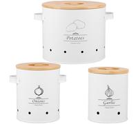 3Pcs Kitchen Vegetable Storage Tins, Onion Garlic Potato Storage Box Set Carbon Vegetable Fresh Keeper Caddy with Bamboo Lid and Vent Hole Multipurpose Vegetable Keeper Containers (Cylinder White)