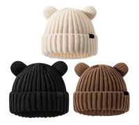 3PCS Knitted Bear Ear Hat Set, Cuffed Winter Skull Cap for Women & Men Unisex