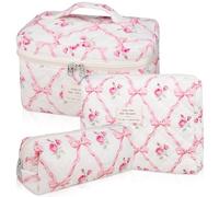 3PCS Large Travel Quilted Makeup Bag for Women,Big Floral Cotton Cosmetic Bag, Cute Coquette Aesthetic Floral Toiletry Organizer Bag (Pink Flower), Multicolor, Cute