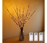 3PCS LED Lighted Branches Lights with Timer Battery Operated, 30 INCH Artificial Willow Brown Branches with Warm White Fairy Lights Vase Decorative Sticks for Home Christmas Party Holiday Home Decor