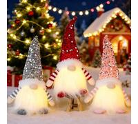 3PCS Light Up Gnome Christmas Decorations Santa Gnomes with Glitter Hat, Light Up Christmas Gonks Ornaments Elf Christmas for Xmas Decorations Indoor Holiday Table Home Decor (Red&Pink&Grey)