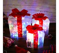 3pcs Lighted Gift Boxes Set With Bows, LED Lights, White Tinsel Present Box for Christmas Tree Decorations
