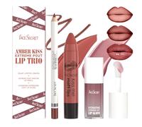 3PCS Lip Liner and Lipstick Combo Set, High Pigment Nude Brown Lip Kit with Waterproof Lip Liner, Smooth Velvet Lipstick, and Shiny Moisturizing Lip Gloss, Long-Lasting Smudge-Proof Makeup Set