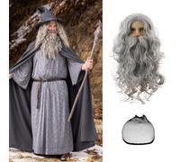 3Pcs Long Gray Wig for Men Costume Grey with Wig Cap and Beard Men’s Cosplay Synthetic Layered Hair Silver Man Wigs for Adults Men's Women for Costumes Cosplay Halloween Carnival Parties Anime
