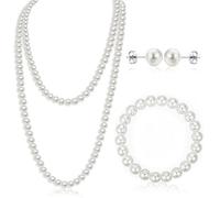 3Pcs Long Pearl Necklaces and Earring Set, 1920s Artificial White Pearl Necklace Great Gatsby Style 150cm Long Costume Jewellery for Women Pearls Beaded Necklace for Brides Wedding Party Accessories
