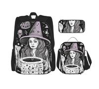 3PCS Magic Witch Witchcraft Bohemian Drawing Backpack Sets with Insulated Lunch Bag Pencil Case, 17inch Lightweight Laptop Backpack Shoulder Lunch Box and Pencil Bag for Women Men Travel Bags