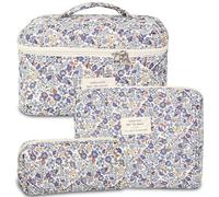 3Pcs Makeup Bag Cotton Quilted Travel Cosmetic Bag Cute Floral Makeup Pouch Large Toiletry Bag for Women Girls, Dark blue florals