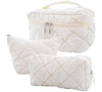 3Pcs Makeup Bag Set,Travel Portable Large Down Water Proof Cosmetic Bags for Women,Bathroom Coquette Toiletries Organiser, Cute Girls Zipper Pouch Toiletry Bags,Skin Care Bag for Ladies (White)