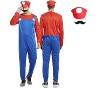 3pcs Mario Costumes, Halloween Costume Mario Cosplay Costume Accessories Kits with Bodysuit, Luigi Hats Cap, Mustaches, Mario Luigi Bros Fancy Dress Outfit Costume for Women Men (165-175CM/55-69inch)