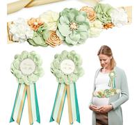 3Pcs Maternity Sash Mother to Be & Daddy to Be Corsage Pin Set, Green Flower Baby Shower Sash Belly Belt Decoration, Pregnancy Sash Expectant Parents Gender Reveal Party Photography Props Supplies