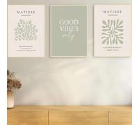 3pcs Matisse Wall Art Sage Green Abstract Poster Canvas Print Neutral Botanical Leaves Painting Picture Home Decor(30x40cmx3/Frameless)