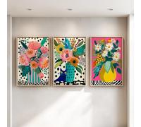 3Pcs Maximalist floral Wall Art Prints, Canvas Posters for Teen Boys Girls, Polka dots vase pink flowers Botanical Plant cat colourful Theme Pictures for Wall Decoration of Dining Room Dorm Game Room