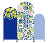 3Pcs Mediterranean Lemon Tiles Arch Backdrop Covers 4ft 5ft 6ft Blue Yellow Capri Lemon Arch Stand Covers Amalfi Coast Party Decoration Photo Background for Summer Wedding Birthday Party Supplies