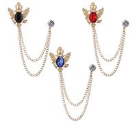 3PCS Men's Brooch Hanging Chain Brooch Black Blue Red Stone Animal Double Headed Eagle Tassel Suit Pin Metal Crystal Brooch Suit Stud Lapel Pin Vintage Rhinestone Breastpin Wedding Brooch Pin, Gold,