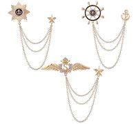 3PCS Men's Brooch Rudder Badge With Star Angel Wings Tassel Chain Brooches Hanging Detailing with Engraving Metal Crystal Brooch Suit Stud Lapel Pin Vintage Rhinestone Breastpin Wedding Brooch Pin