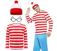 3PCS Men's Wally Costume Set,Cosplay Accessories Set with Red&White Stripe Long Sleeve Top Bobble Hat Black Nerd Glasses,90s Fancy Dress Costume for World Book Day Halloween Dress Up Day (Men, S)