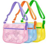3Pcs Mesh Beach Shell Bags, Seashell Collecting Bags with Adjustable Shoulder Straps, Sand Toys Mesh Bag for Kids Picking Up Shells, Zipper Closure (Multicolor)