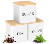 3Pcs Metal Tea Coffee Canisters, 500 ml Metal Coffee and Sugar Container with Airtight Bamboo Lid, Tea Sugar Jar Set, Kitchen Storage Tin Caddy Container for Home Kitchen Countertop (white)