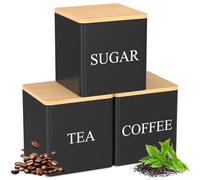 3Pcs Metal Tea Coffee Canisters, 500 ml Metal Coffee and Sugar Container with Airtight Bamboo Lid, Tea Sugar Jar Set, Kitchen Storage Tin Caddy Container for Home Kitchen Countertop (black)